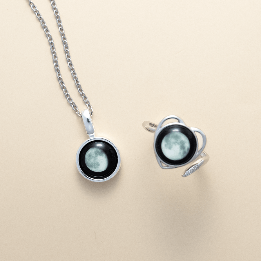 Sky Light Necklace and Luna Love ring bundle in silver