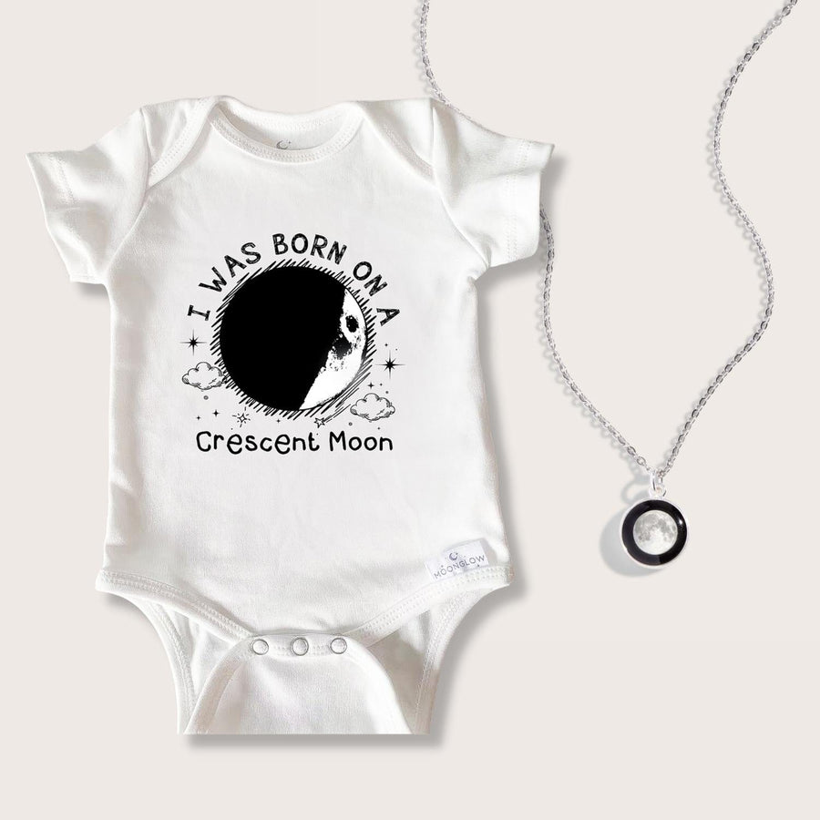 Birth Moon Sleepy Baby Onesie & Charmed Simplicity Necklace Bundle