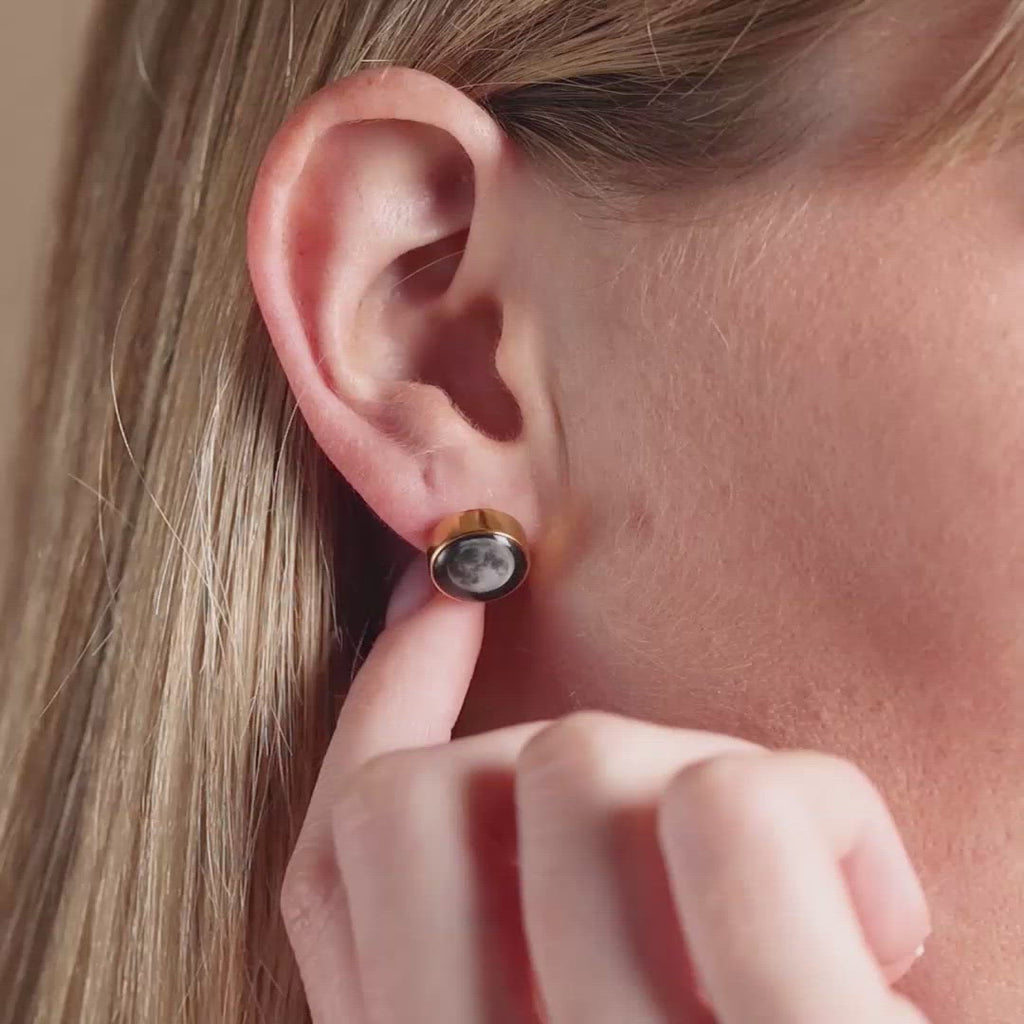 Video of woman wearing Moonshine Stud Earrings in Gold