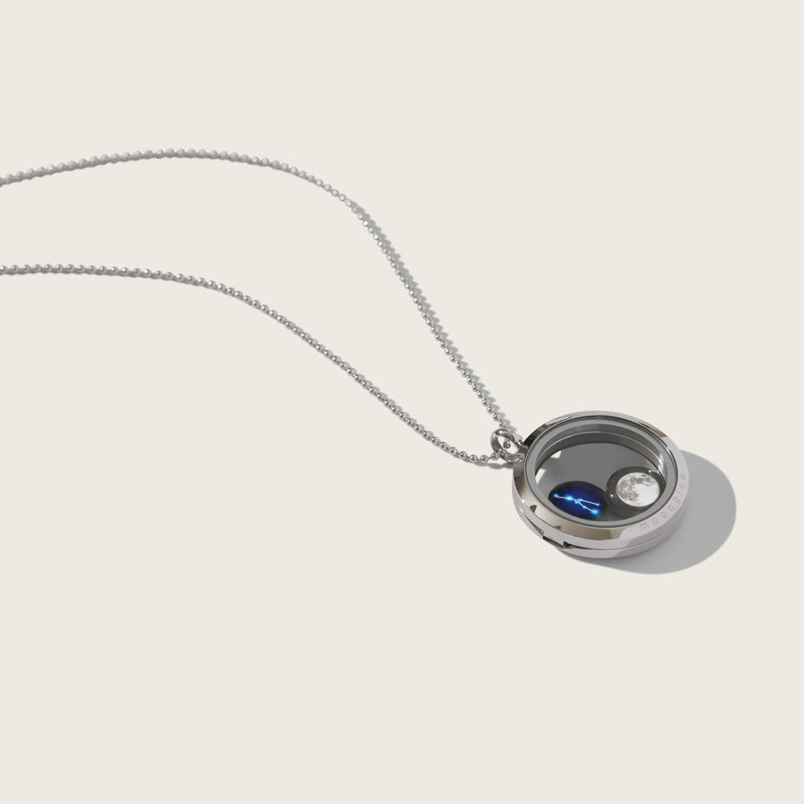 Stainless steel moon phase locket necklace with beaded chain