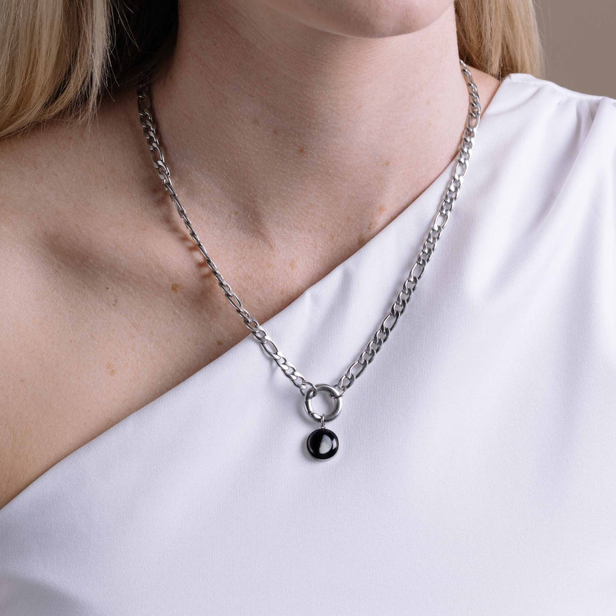 Woman wearing Figaro Necklace in Stainless Steel