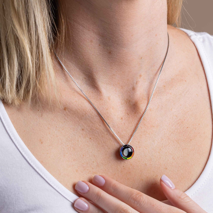 Woman wearing Pride Necklace