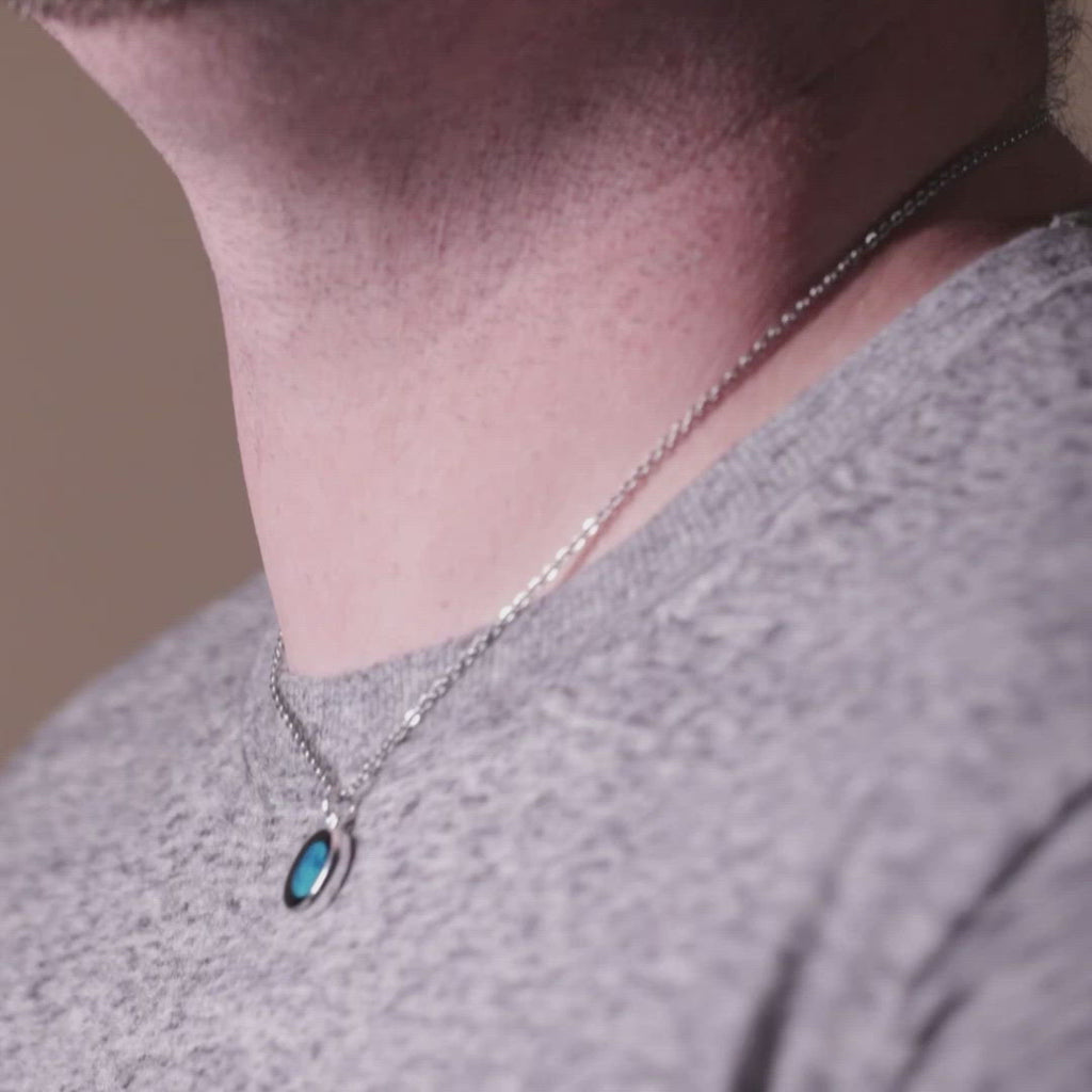 Video of Man wearing Silver Moon phase Charmed Simplicity necklace