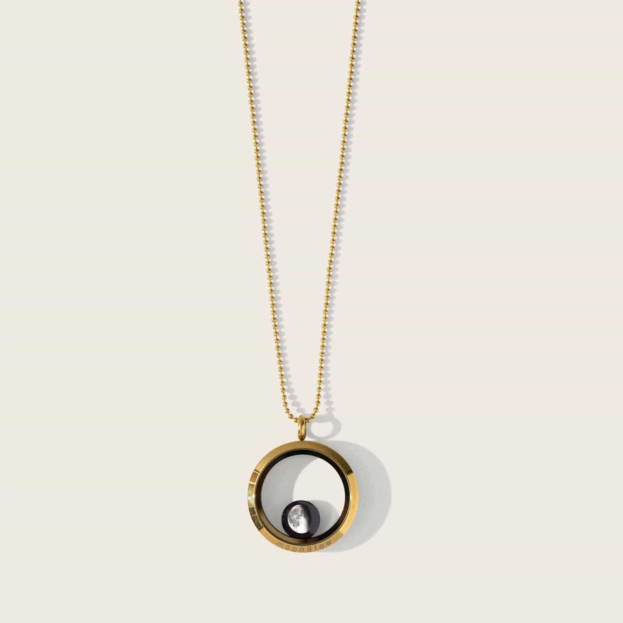 One Moon Locket in Gold with gold plated beaded necklace